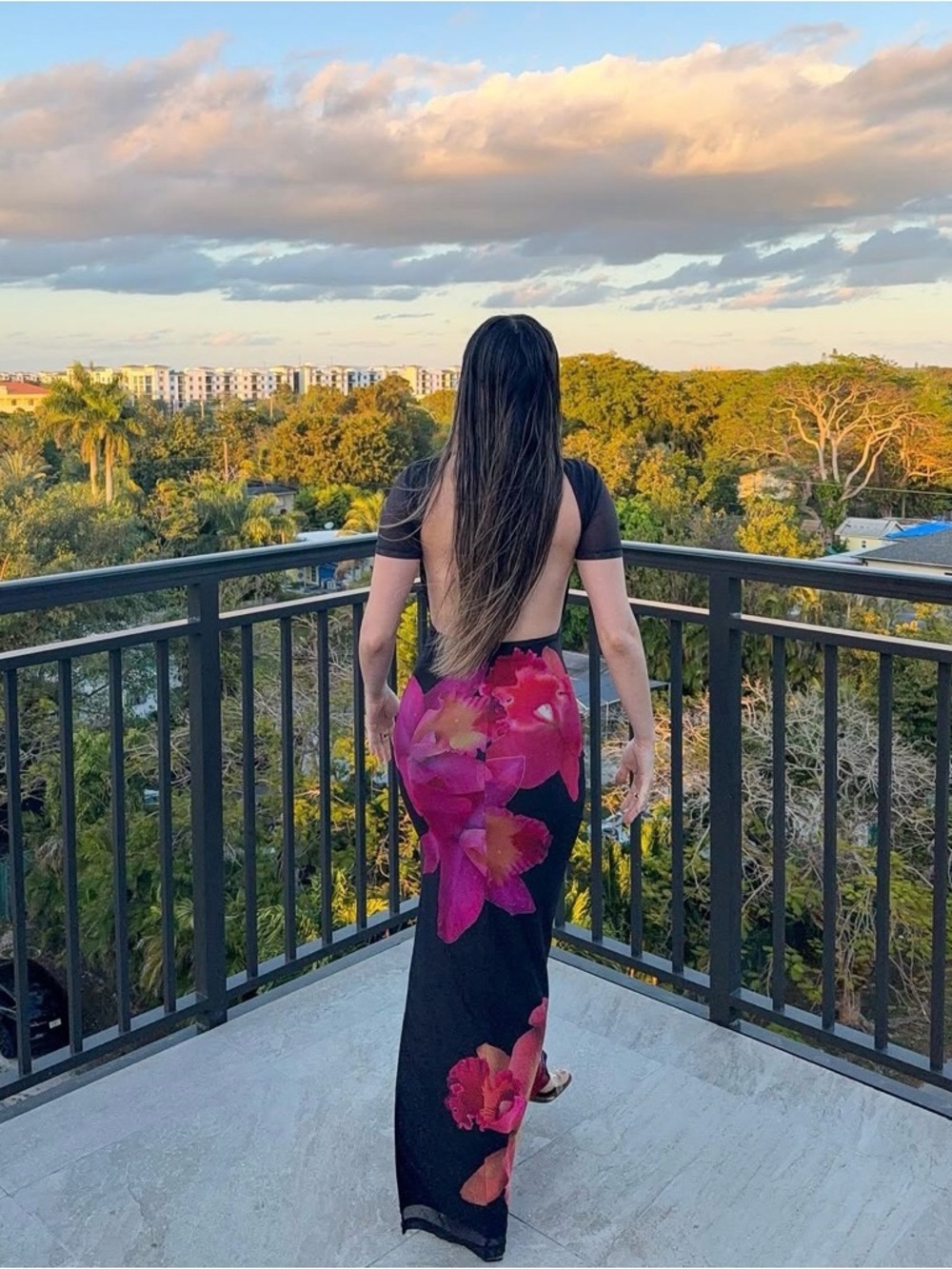 White Fox Boutique Black Backless Maxi Dress with Pink Floral Print